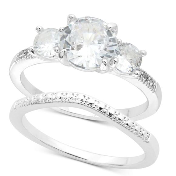 NWT Charter Club Silver-Tone CZEngagement Ring & Wedding Band Bridal Set size 9 - Picture 1 of 4